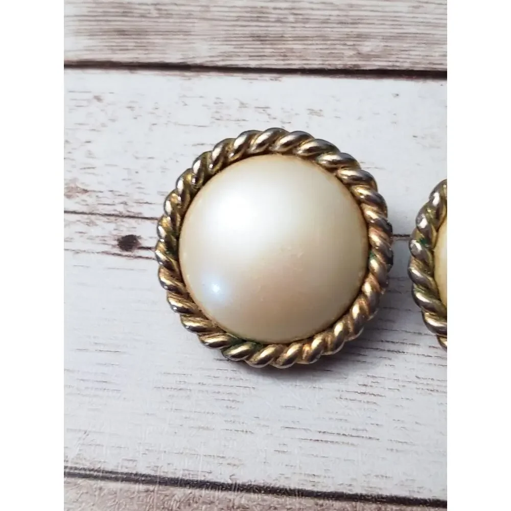 Vintage Clip On Earrings - Golden Cream Tone with Gold Tone Halo Large 1 & 1/8
